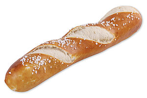 Pre-proved XXL pretzel stick sprinkled with salt.