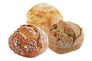 Par-baked mini potato mix with mini potato roll plain, mini potato roll dark and mini potato roll spelled.